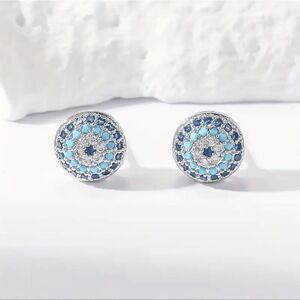 Chic Sterling Silver Evil Eye Stud Earrings Blue Zirconia Protection Spiritual